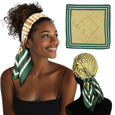 Small Satin Scarf Headband - Gold Geometric Non-Slip