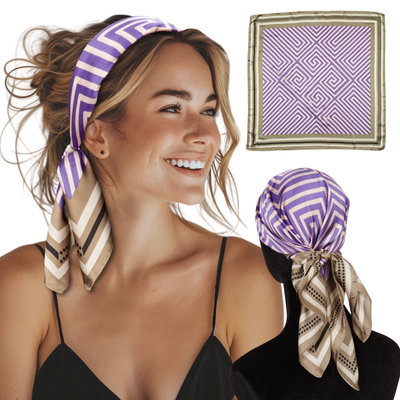Small Satin Scarf Headband – Purple Geometric Non-Slip