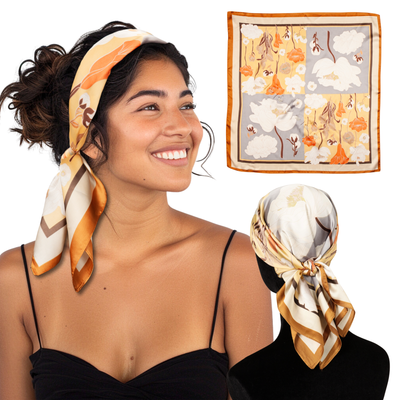 Small Satin Scarf Headband - Orange Squares Non-Slip