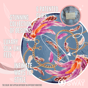 Blue and pink feather and chain design laid flat with six clips 