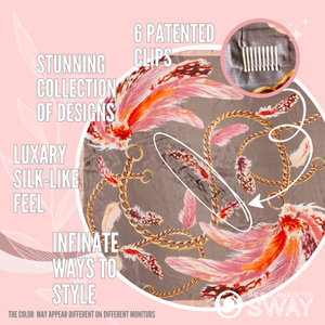 Gray and Pink feather and chain design satin headscarf laid flat 