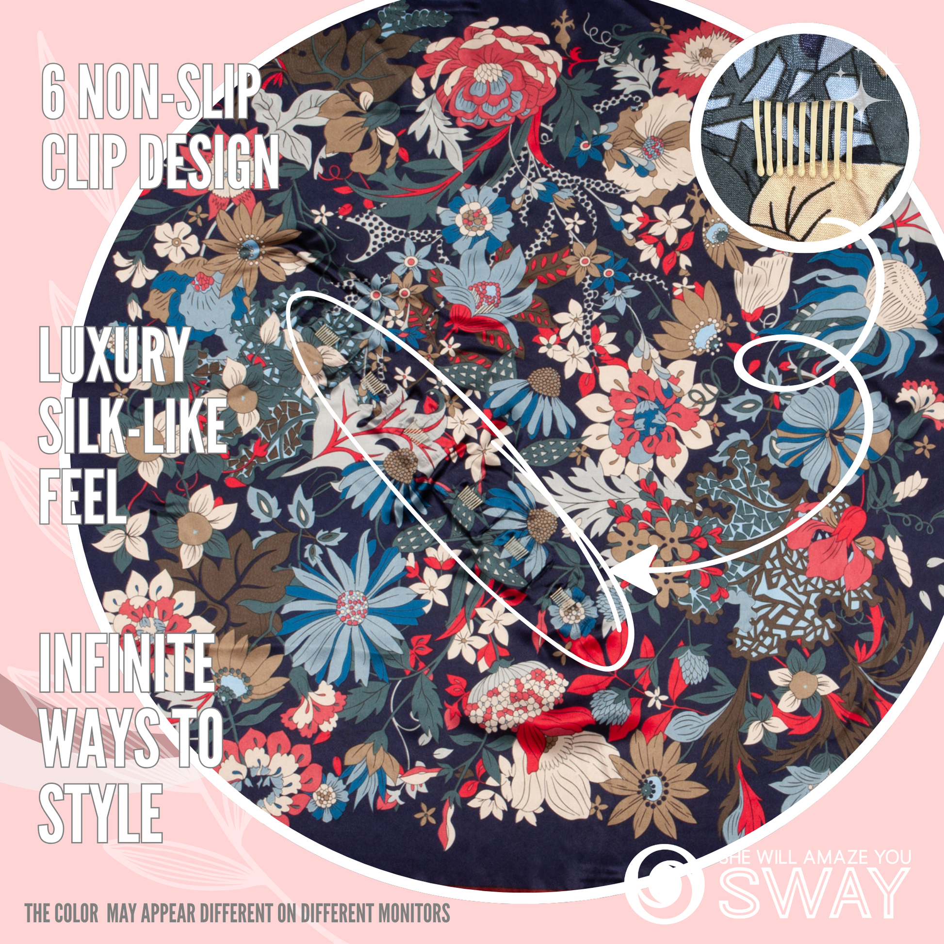 Navy, Maroon and multicolor floral design laid flat to show 6 clips