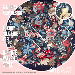 Navy, Maroon and multicolor floral design laid flat to show 6 clips