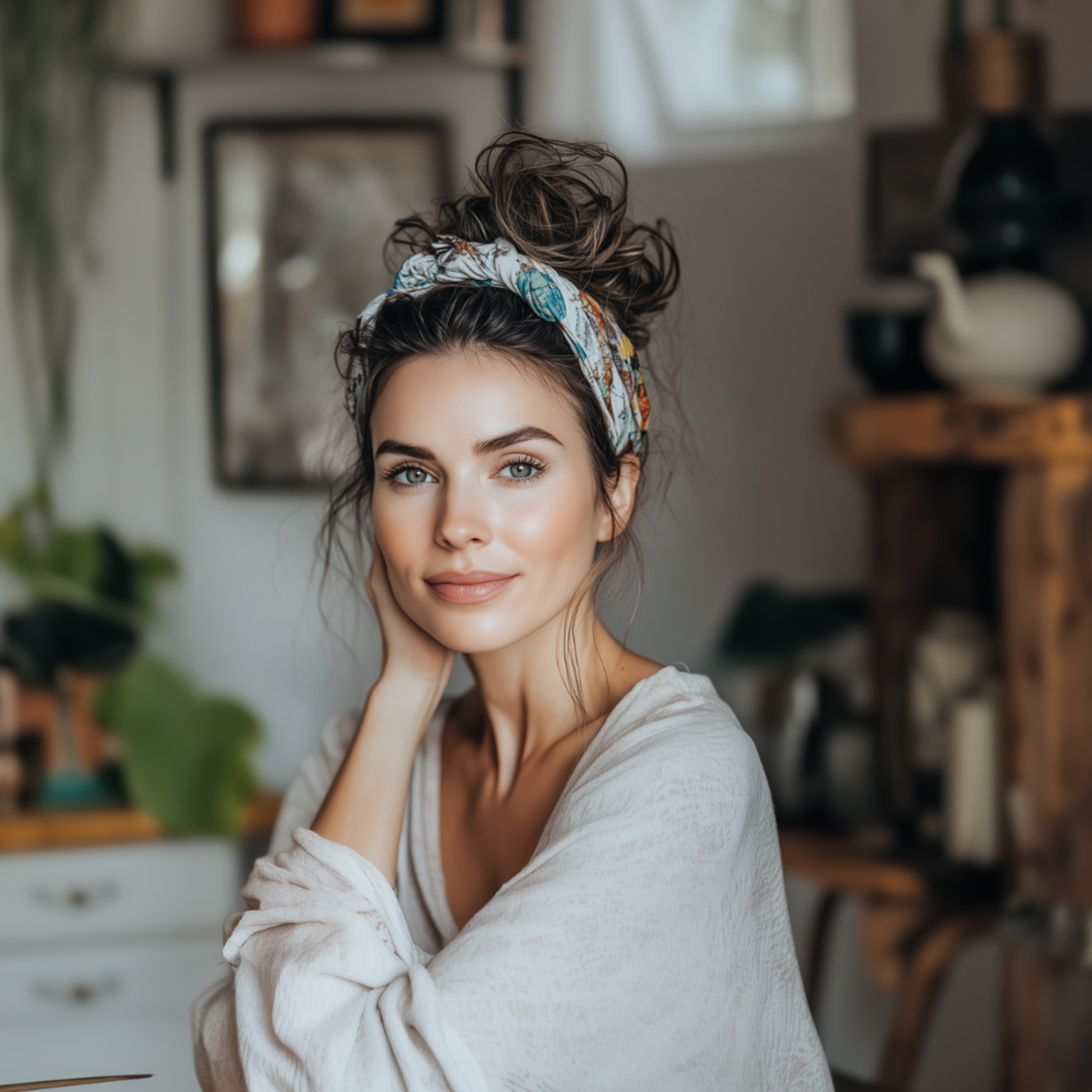 A woman with a messy bun wearing a  small satin knotted headband 
