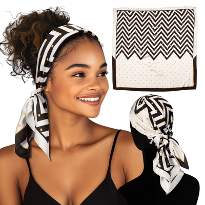 Small Satin Scarf Headband - Black Zigzag Non-Slip