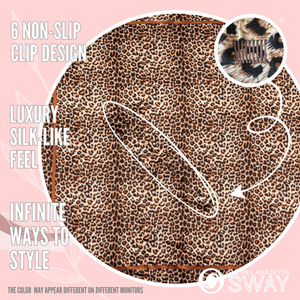 Brown and Black Cheetah design Satin Headband laid flat to show clips