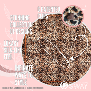 Brown and Black Cheetah design Satin Headband laid flat to show clips