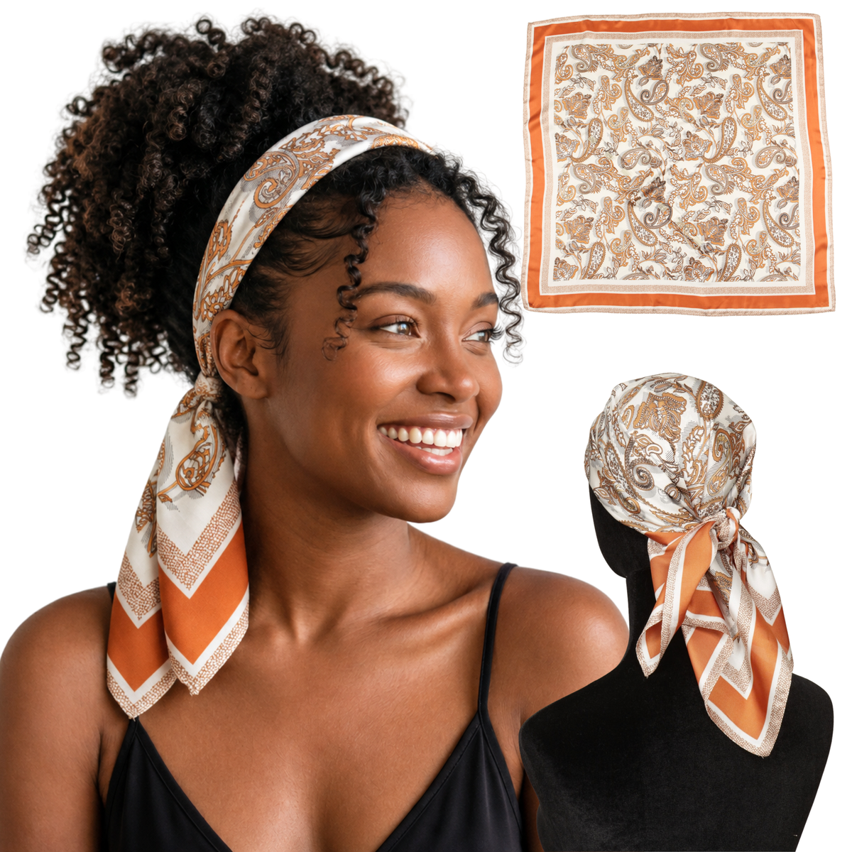 Woman wearing Valencia Orange paisley satin scarf headband, with flat and back views
