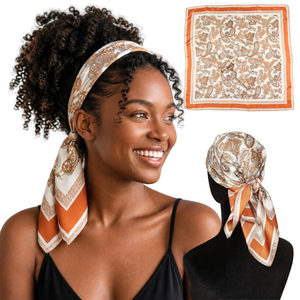 Woman wearing Valencia Orange paisley satin scarf headband, with flat and back views