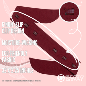 Maroon wide Stretch Bamboo Headband Laid Flat showing clip details