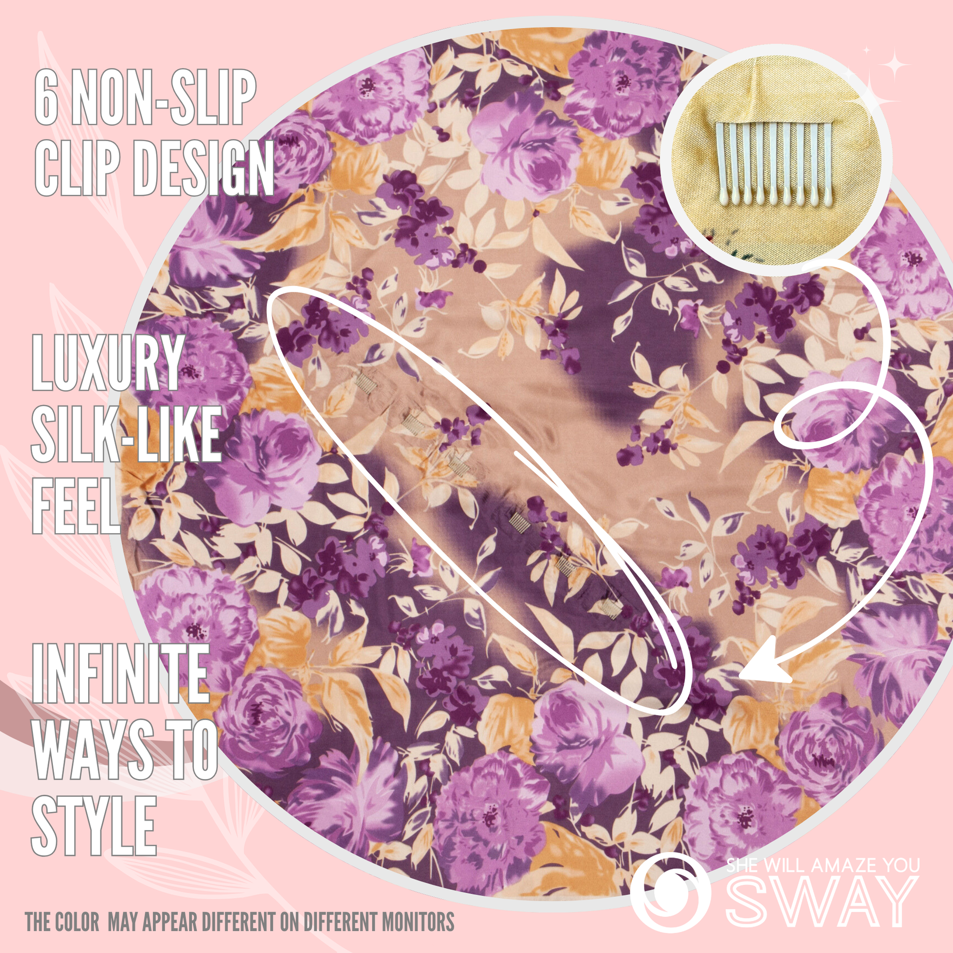 Purple and Gold satin headscarf laid flat showing 6 clips