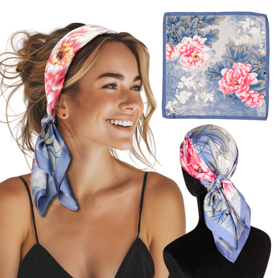 Small Satin Scarf Headband – Blue Floral Non-Slip