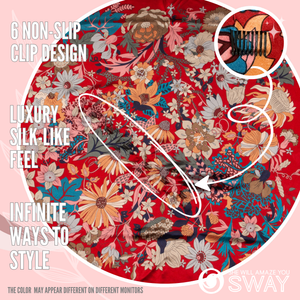 Red Black and multicolor floral design laid flat to show non-slip clips