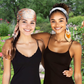 Styling shot of two women standing wearing satin headband scarves 