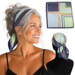 Woman wearing Patchwork Navy color-block satin scarf headband, with flat and back views