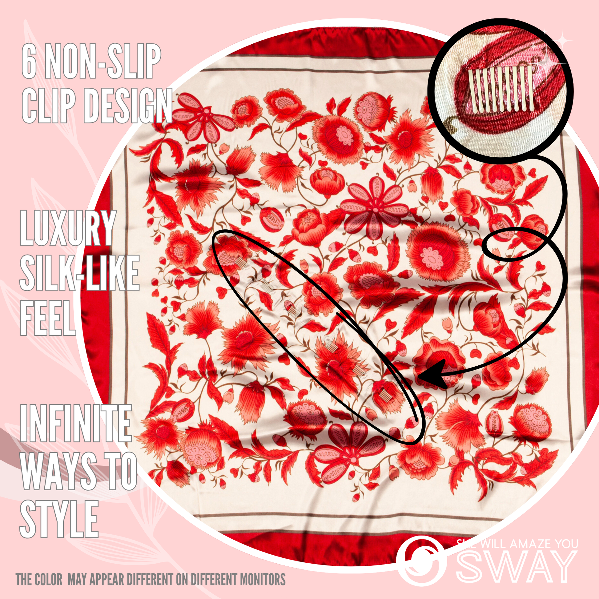 Red and White Floral Satin Headband laid flat to show clips