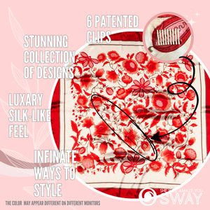 Red and White Floral Satin Headband laid flat to show clips