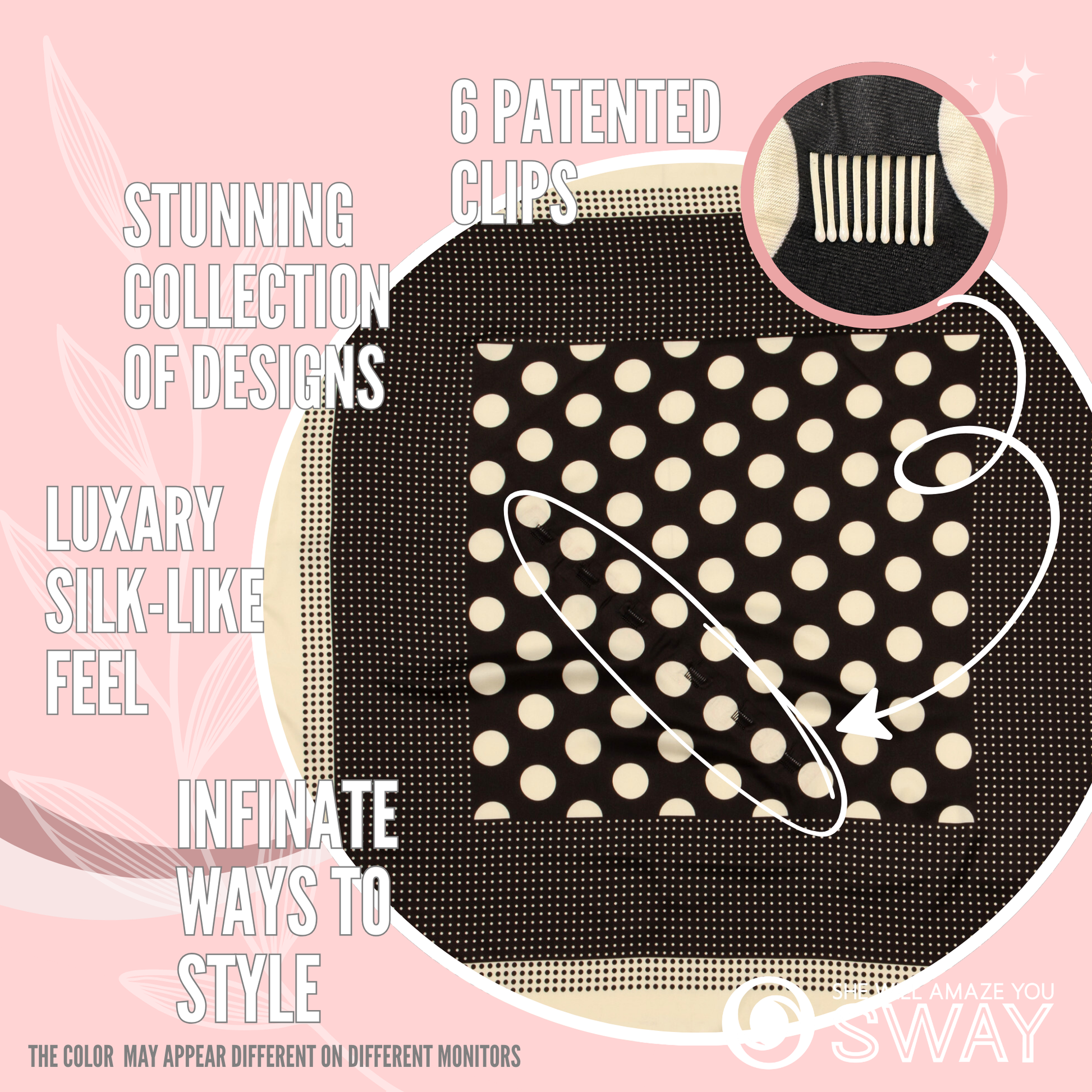 Black and Cream polkadot pattern scarf laid flat with graphics 