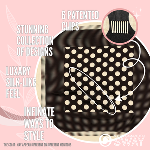 Black and Cream polkadot pattern scarf laid flat with graphics 