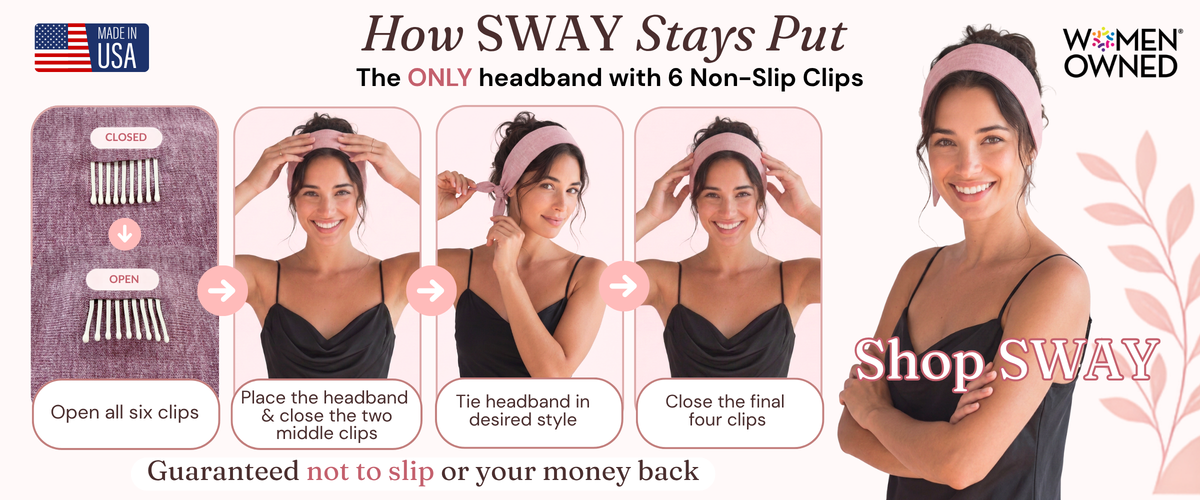 Promotional graphic for a headband with non-slip clips with text explaining how it stays put.