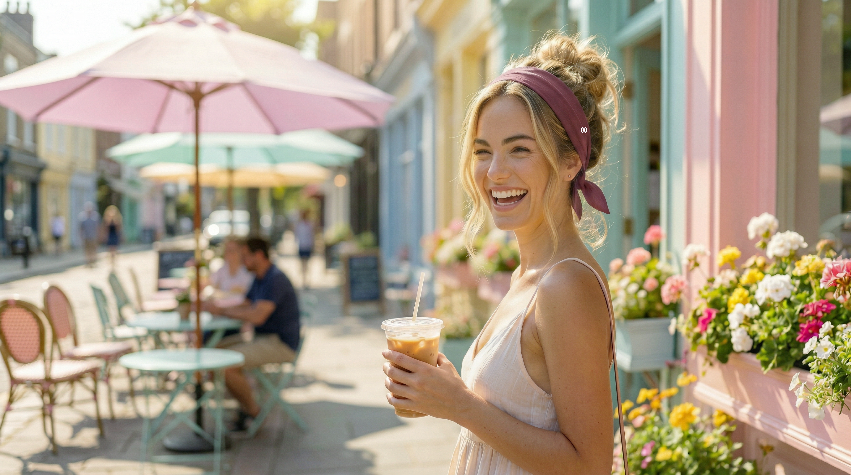 Woman holding a coffee cup in an outdoor cafe setting with colorful decor.
