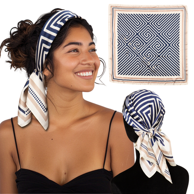 Small Satin Scarf Headband - Navy Geometric Non-Slip