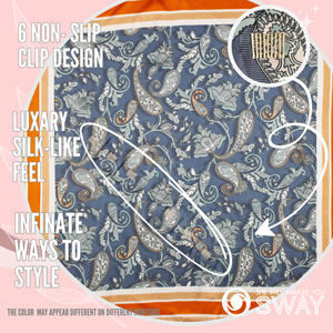 Blue and Orange paisley design satin scarf laid flat 