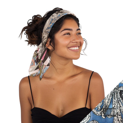 A woman smiling while wearing a light blue satin scarf headband 