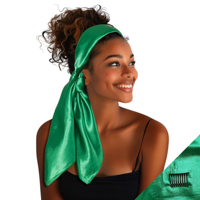 Large Satin Scarf Headband - Green Solid Non-Slip
