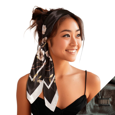 Large Satin Scarf Headband - Black Magnolia Non-Slip