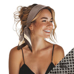 Small Satin Non-Slip Scarf Headband on model product shot black and cream