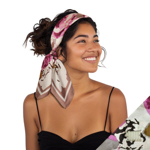 Small Satin Non-Slip Scarf Headband Taupe and Purple on Model Product Shot 