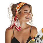 Small Satin Non-Slip Scarf Headband Red and Orange on Model Product Shot 