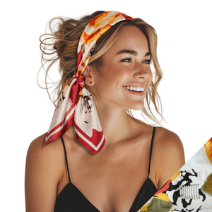 Small Satin Non-Slip Scarf Headband Red and Orange on Model Product Shot 