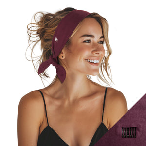 SWAY short stretch headband product shot on model in maroon