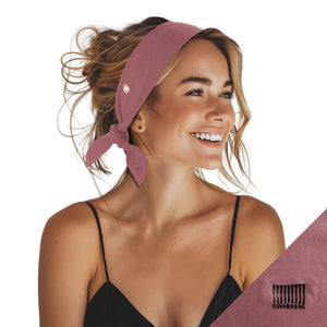 Woman modeling short stretch mauve color headband