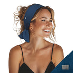Model wearing short stretch turquoise headband