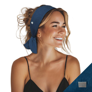 Model wearing short stretch turquoise headband