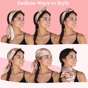 Styling shot of satin headband scarf in various ways on model. 