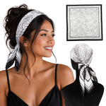 Woman wearing Kensington White black and white peony satin scarf headband, with flat and back views