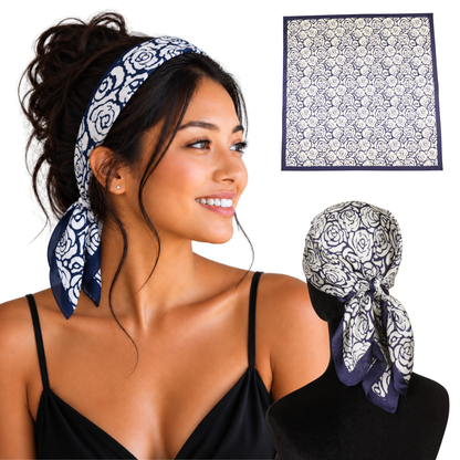 Woman wearing Milano Navy rose print satin scarf headband, shown flat and tied from the back