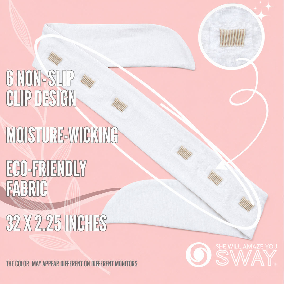 White short stretch headband with a close-up of SWAY’s patented non-slip clips