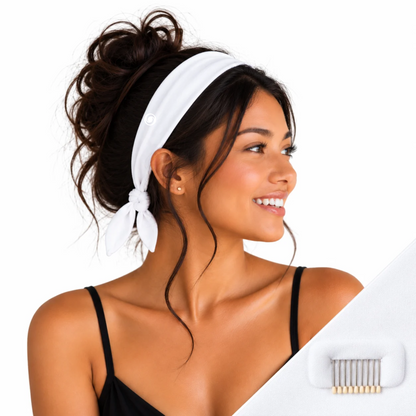 Woman wearing SWAY white short stretch bamboo headband with non-slip clips